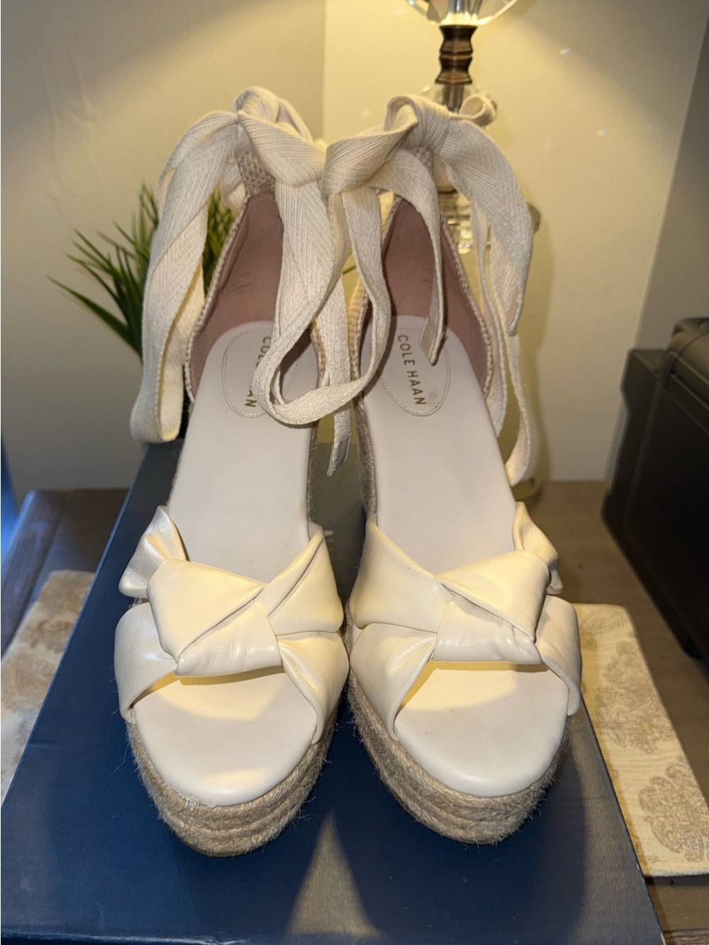Cole Haan Cream Espadrille Wedge Sandals with Ankle Wrap